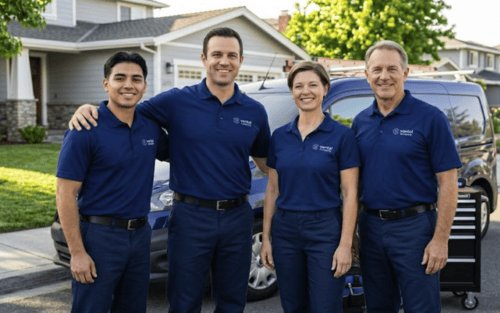 Licensed plumbing team serving San Carlos homes and businesses Four uniformed plumbing professionals standing together in front of a residential home and service vehicle in a San Carlos neighborhood