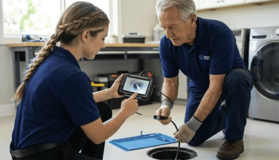 Two plumbers using video camera to inspect a floor drain during diagnostic service