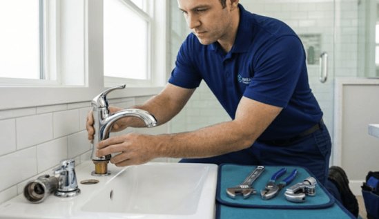 Plumber removing a faucet cartridge during a bathroom faucet repair