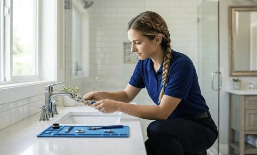 Female plumber installing a bathroom faucet with professional tools in a modern bathroom