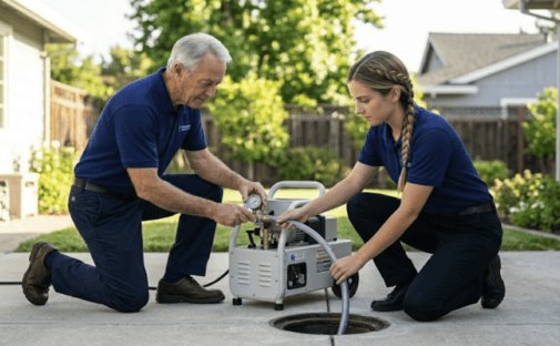 Two plumbers operating hydro jetting equipment at a residential sewer cleanout