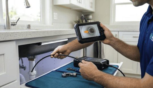 Plumber performing a sewer camera inspection with video screen showing pipe interior