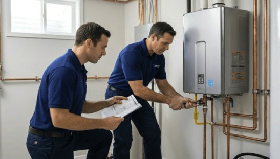 Two plumbers installing a wall-mounted tankless water heater with copper pipe connections