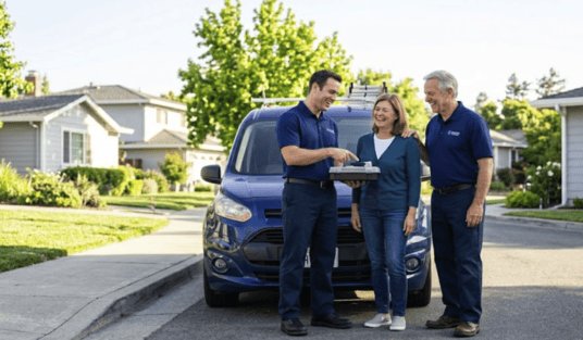 Plumber reviewing service estimate with San Carlos homeowners Plumber presenting a service estimate on a tablet to a smiling couple beside a service van in a residential neighborhood
