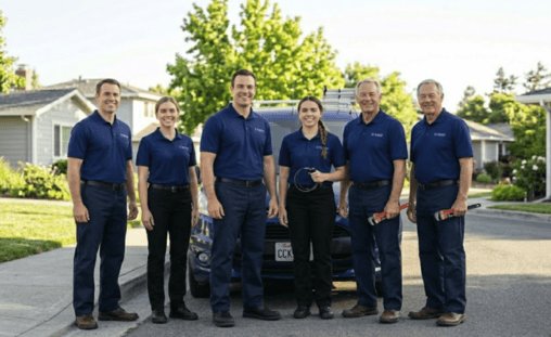 Full plumbing team ready to serve San Carlos and the Peninsula Six uniformed plumbing professionals standing together on a residential street with a service vehicle, representing the full San Carlos plumbing team