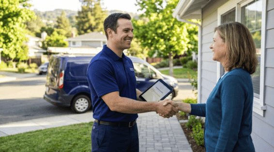 Licensed San Carlos plumber arriving at residential home for service Professional plumber in uniform greeting a homeowner at her front door in a San Carlos neighborhood with a service van parked in the driveway